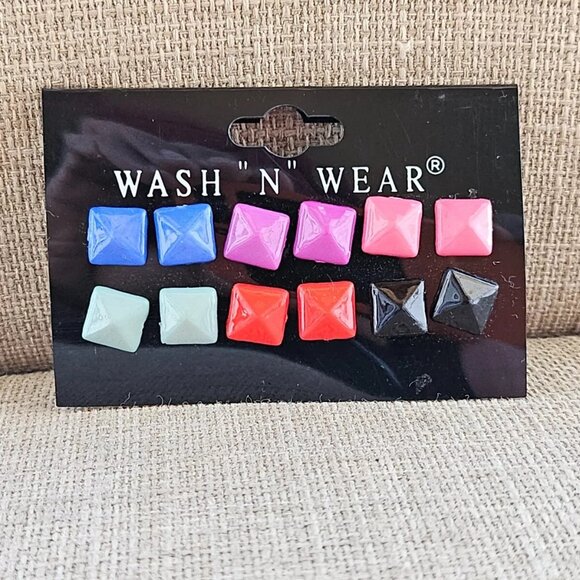 Wash N Wear Earrings Multi Color Plastic Stud Earrings Fashion Jewelry Set of 6 - Picture 9 of 11